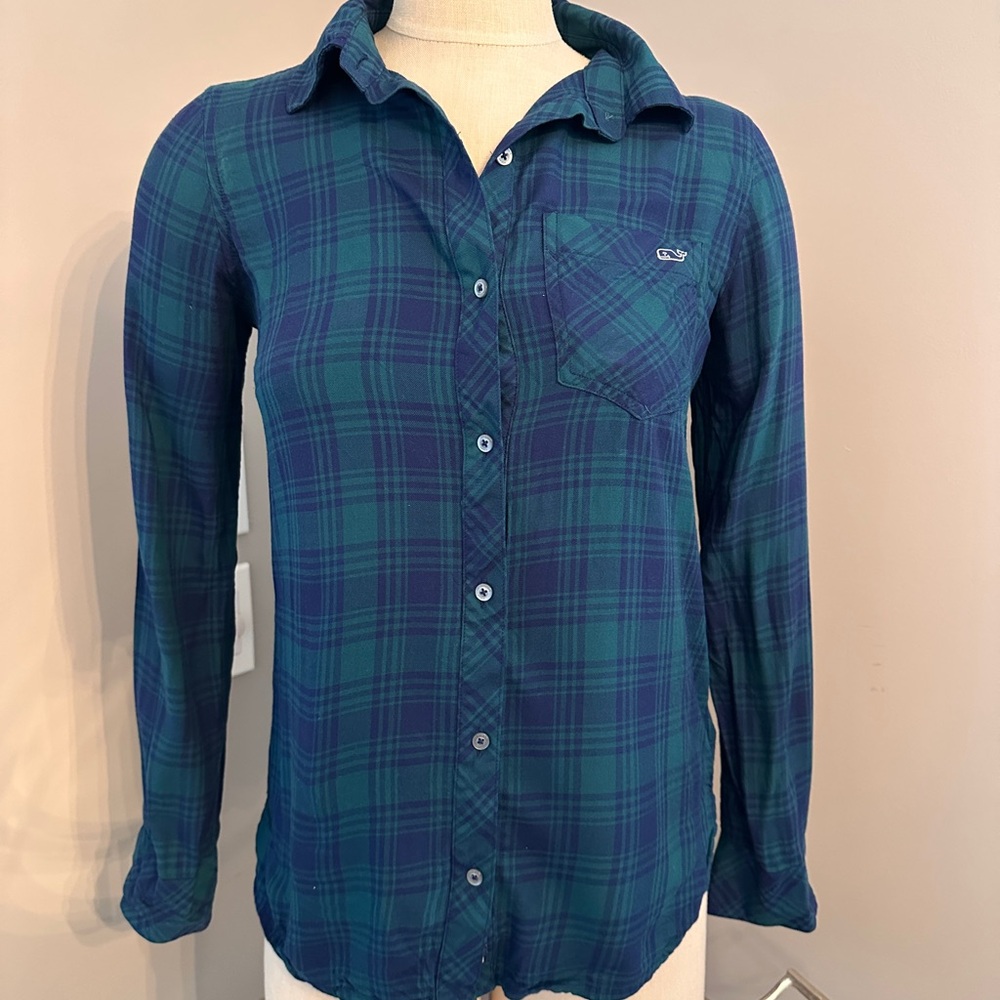 Vineyard Vines Women's Blue and Green Plaid Casual Shirt